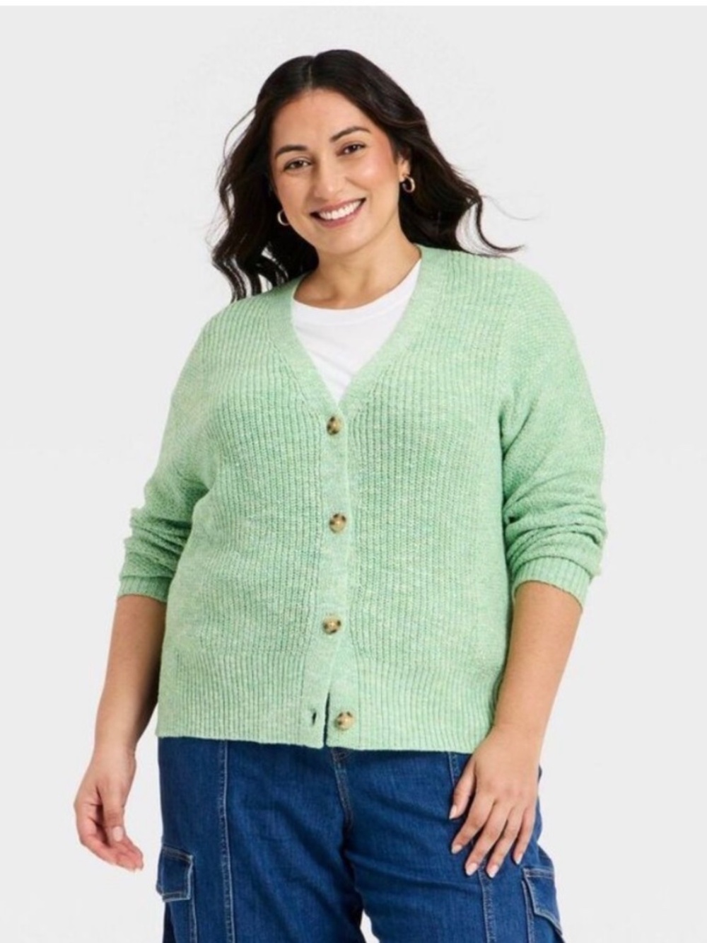 Ava & Viv Women's Textured Stitch Button-Front Cardigan Sweater Green NWT